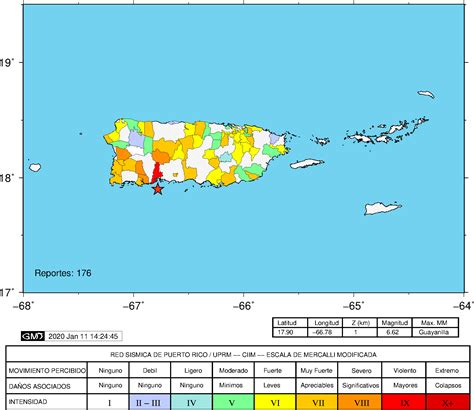 Red sismica de puerto rico - 2023-09-03 05:38:45. La Red Sísmica de Puerto Rico (RSPR) recibió informes de que este temblor leve fue reportado como sentido en la región este de Puerto Rico, la región norte de Puerto Rico y las Islas Vírgenes Británicas con una intensidad máxima de IV (Escala Mercalli Modificada, MM). Al momento de generar este boletín no se han ...